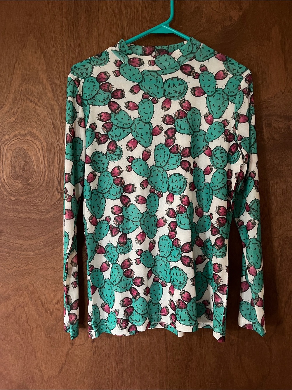 Women’s Sheer Long Sleeve Cactus Print Top - Green & Pink